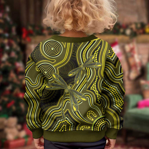 Yellow Indigenous Dragonfly Australia Kid Ugly Christmas Sweater Aboriginal Art - Aussie Hoodie