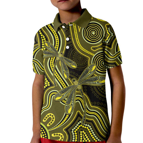 Yellow Indigenous Dragonfly Australia Kid Polo Shirt Aboriginal Art - Aussie Hoodie
