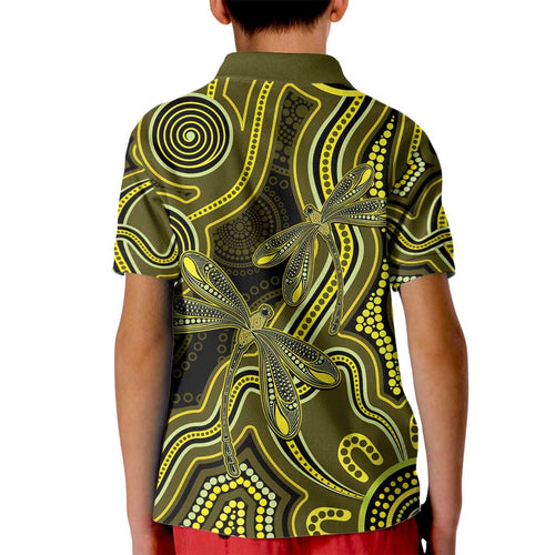 Yellow Indigenous Dragonfly Australia Kid Polo Shirt Aboriginal Art - Aussie Hoodie