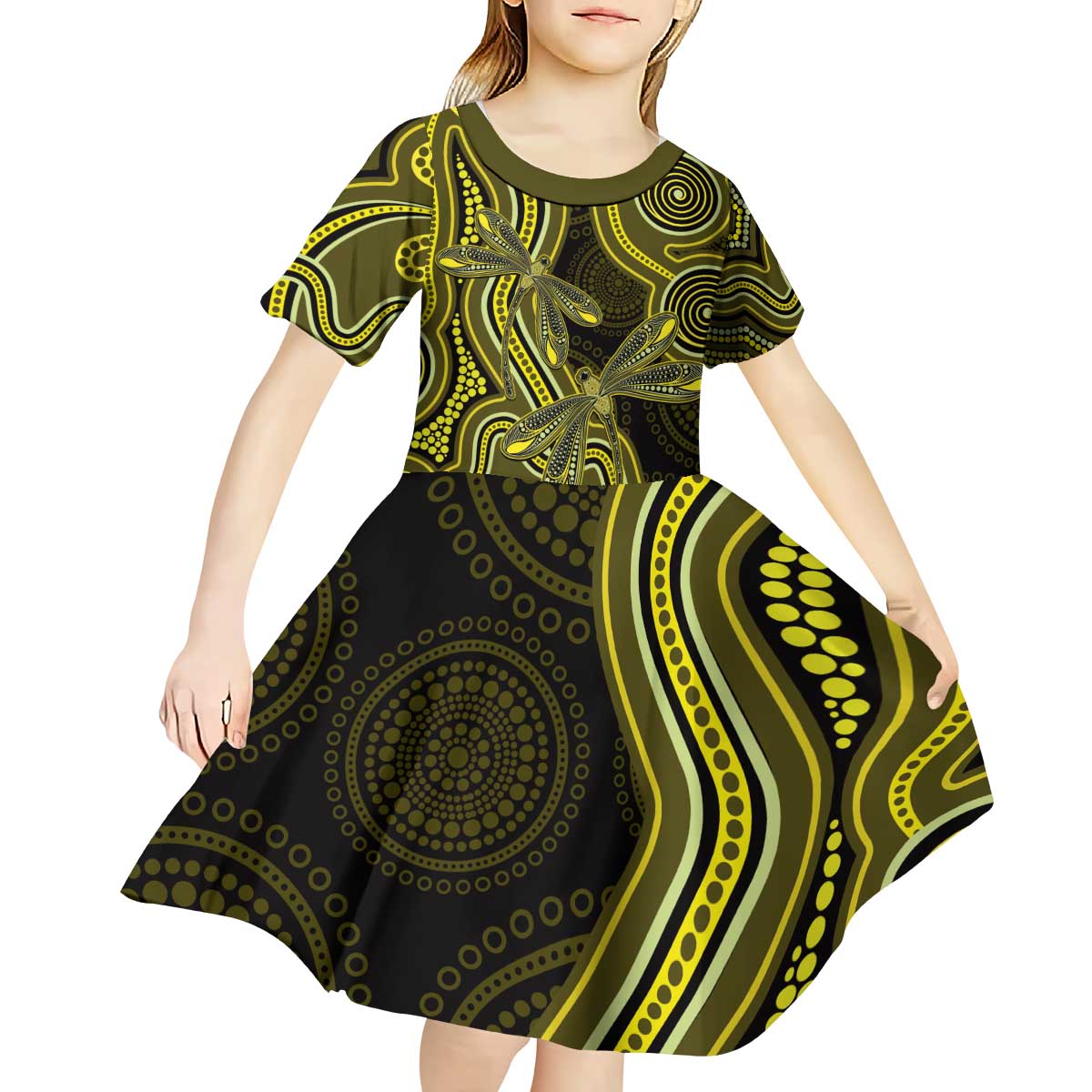 Yellow Indigenous Dragonfly Australia Kid Short Sleeve Dress Aboriginal Art - Aussie Hoodie