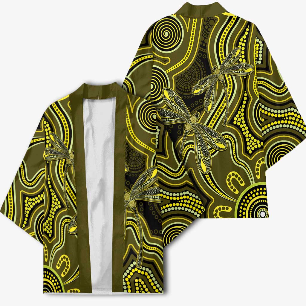 Yellow Indigenous Dragonfly Australia Kimono Aboriginal Art - Aussie Hoodie
