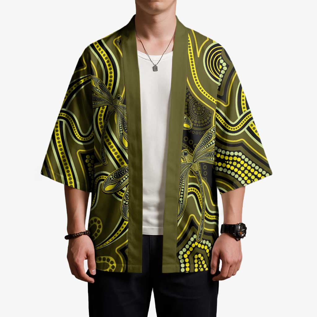 Yellow Indigenous Dragonfly Australia Kimono Aboriginal Art - Aussie Hoodie