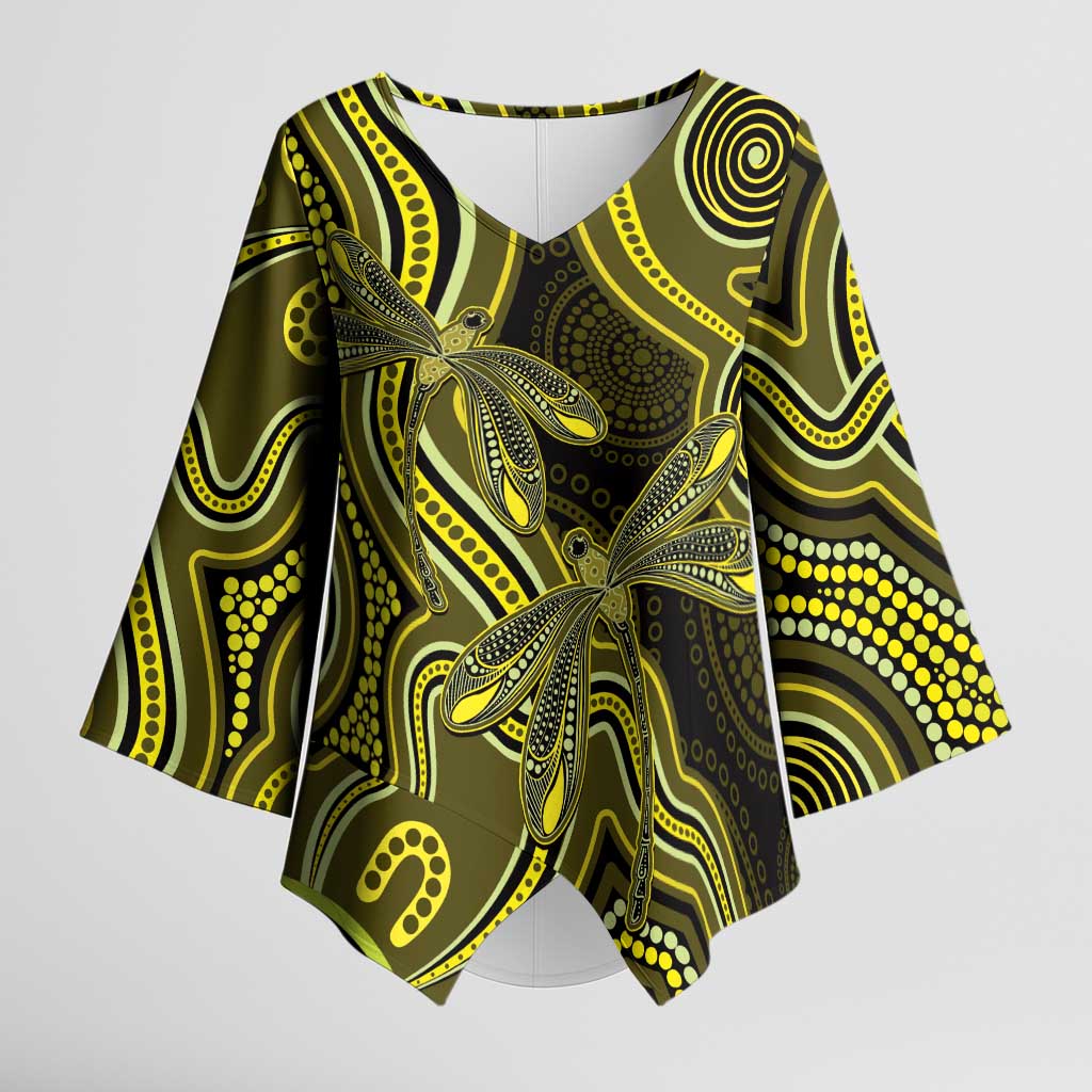 Yellow Indigenous Dragonfly Australia Kimono Sleeve Blouse Aboriginal Art - Aussie Hoodie