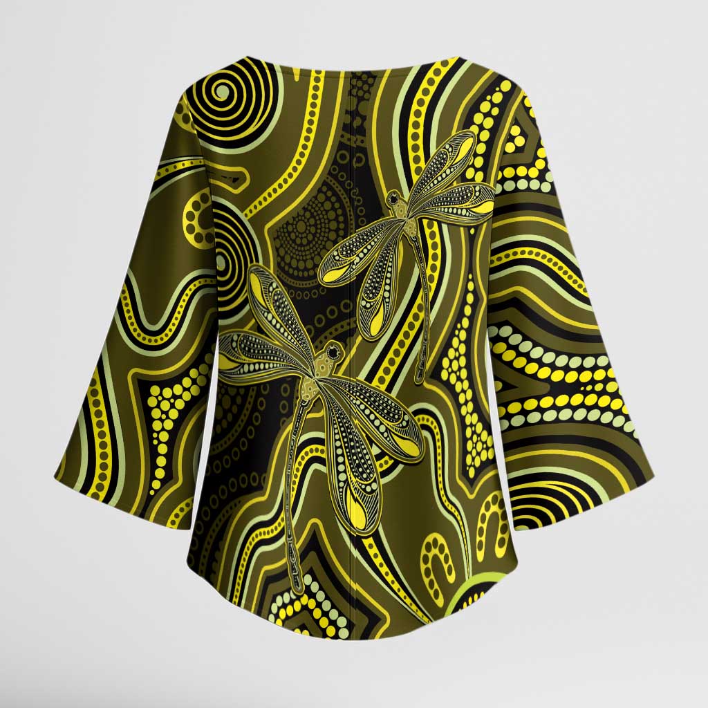 Yellow Indigenous Dragonfly Australia Kimono Sleeve Blouse Aboriginal Art - Aussie Hoodie