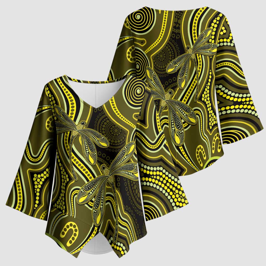 Yellow Indigenous Dragonfly Australia Kimono Sleeve Blouse Aboriginal Art - Aussie Hoodie