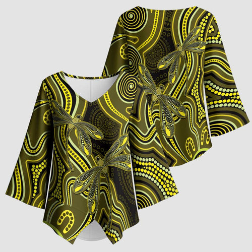 Yellow Indigenous Dragonfly Australia Kimono Sleeve Blouse Aboriginal Art - Aussie Hoodie