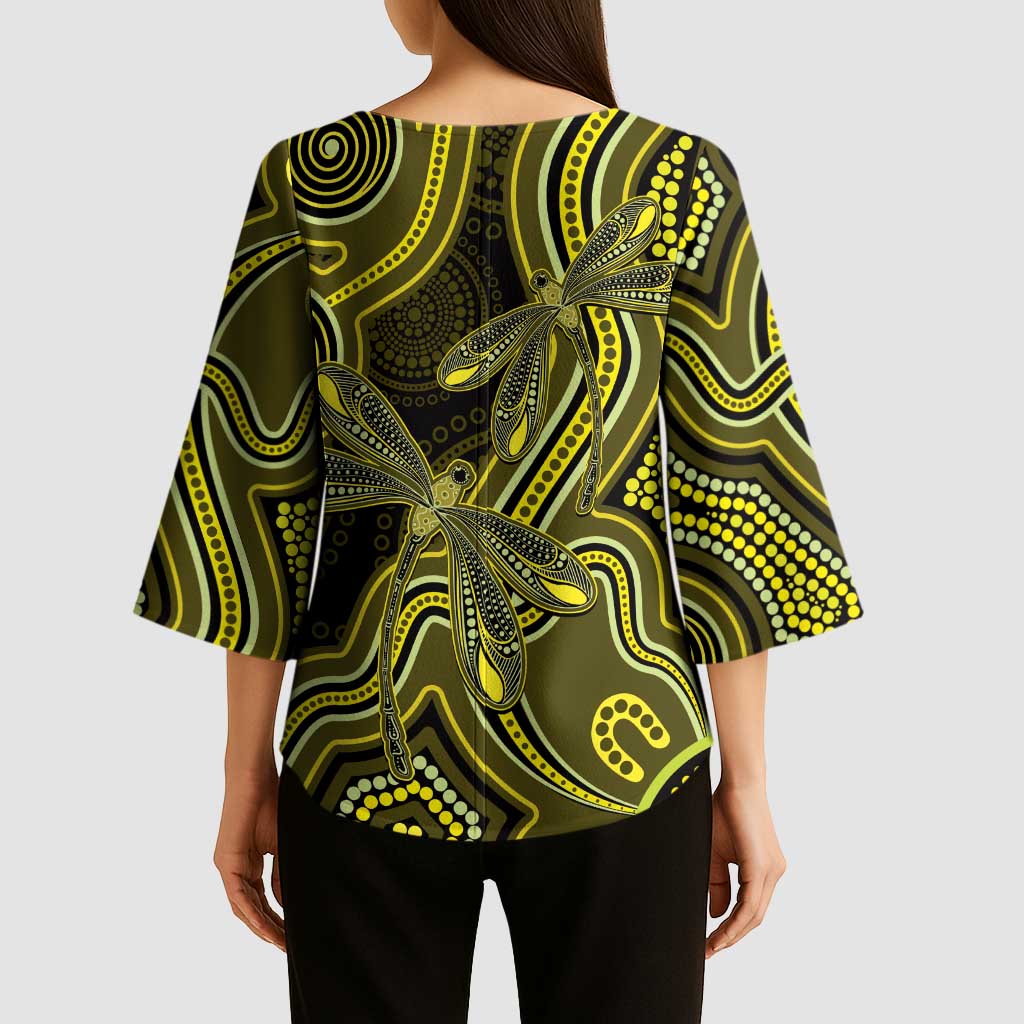 Yellow Indigenous Dragonfly Australia Kimono Sleeve Blouse Aboriginal Art - Aussie Hoodie