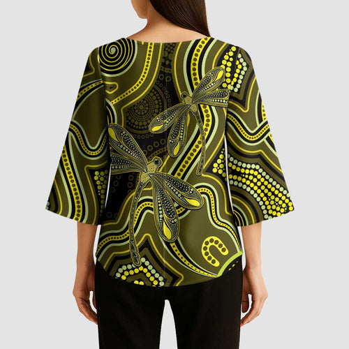 Yellow Indigenous Dragonfly Australia Kimono Sleeve Blouse Aboriginal Art - Aussie Hoodie