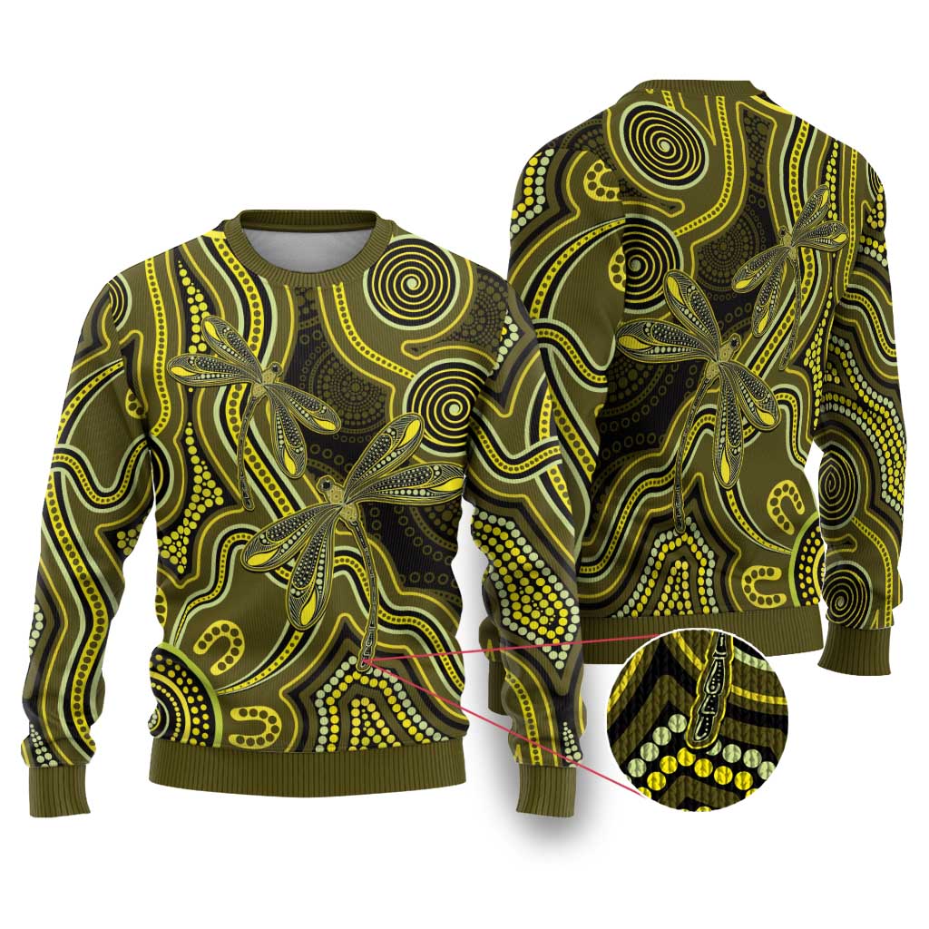 Yellow Indigenous Dragonfly Australia Ugly Christmas Sweater Aboriginal Art - Aussie Hoodie