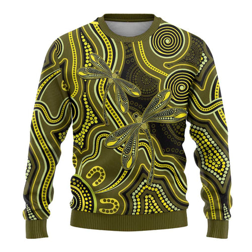 Yellow Indigenous Dragonfly Australia Ugly Christmas Sweater Aboriginal Art - Aussie Hoodie