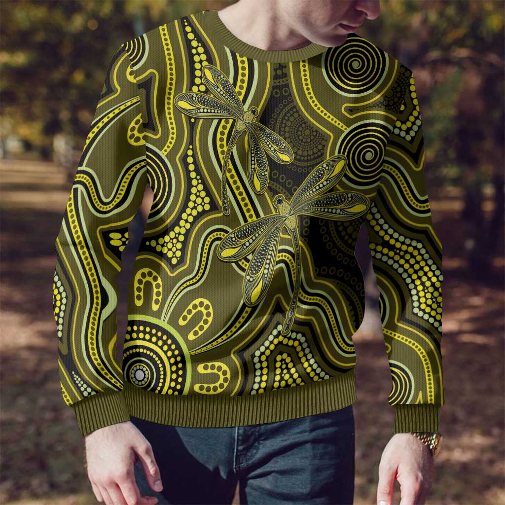 Yellow Indigenous Dragonfly Australia Ugly Christmas Sweater Aboriginal Art - Aussie Hoodie