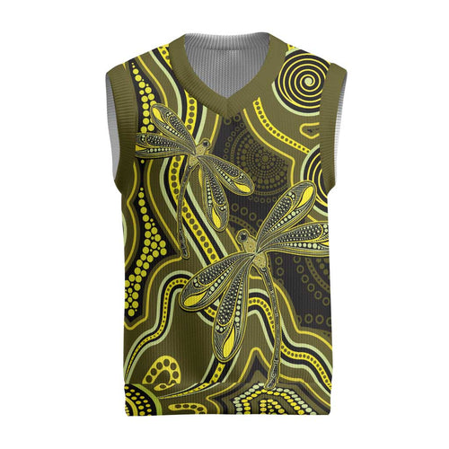 Yellow Indigenous Dragonfly Australia Christmas Knitted V-Neck Vest Aboriginal Art - Aussie Hoodie