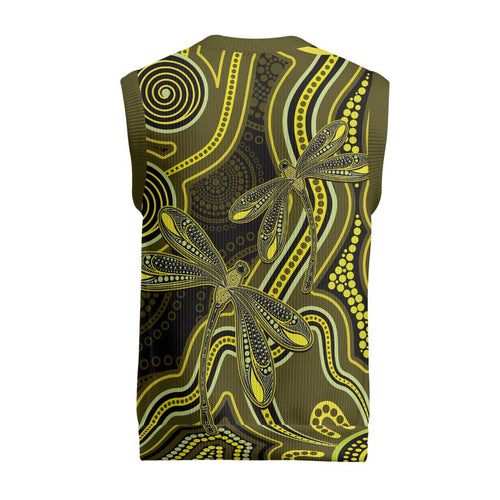 Yellow Indigenous Dragonfly Australia Christmas Knitted V-Neck Vest Aboriginal Art - Aussie Hoodie