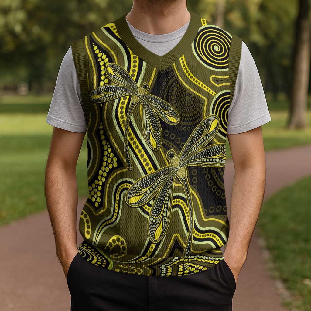 Yellow Indigenous Dragonfly Australia Christmas Knitted V-Neck Vest Aboriginal Art - Aussie Hoodie