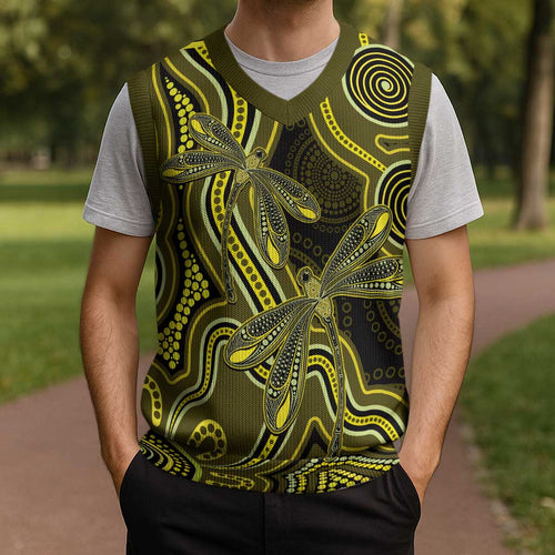 Yellow Indigenous Dragonfly Australia Christmas Knitted V-Neck Vest Aboriginal Art - Aussie Hoodie