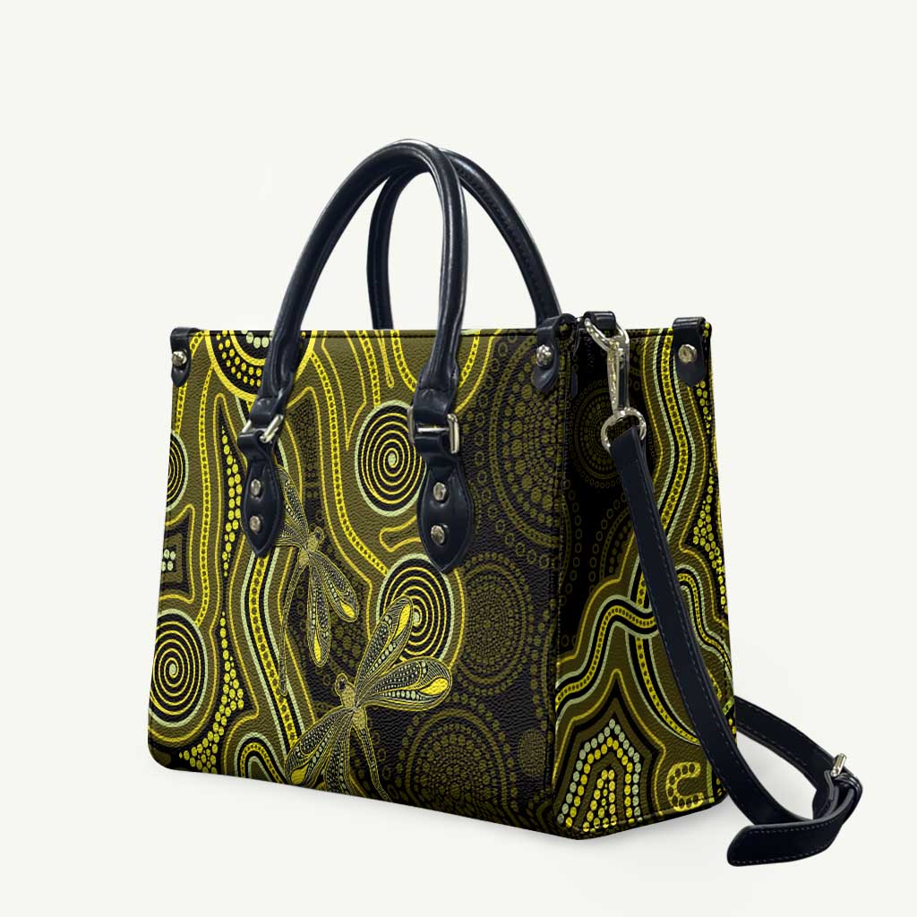 Yellow Indigenous Dragonfly Australia Leather Bag Aboriginal Art - Aussie Hoodie