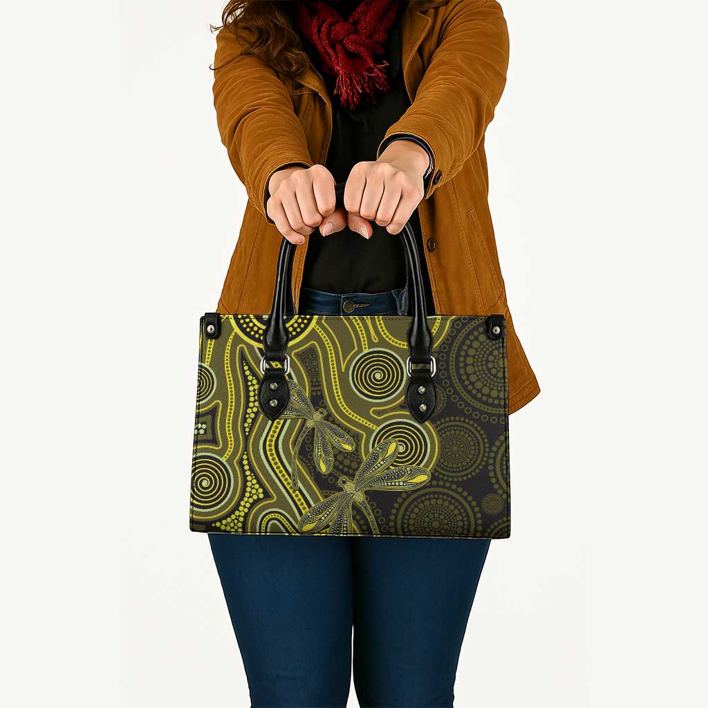 Yellow Indigenous Dragonfly Australia Leather Bag Aboriginal Art - Aussie Hoodie