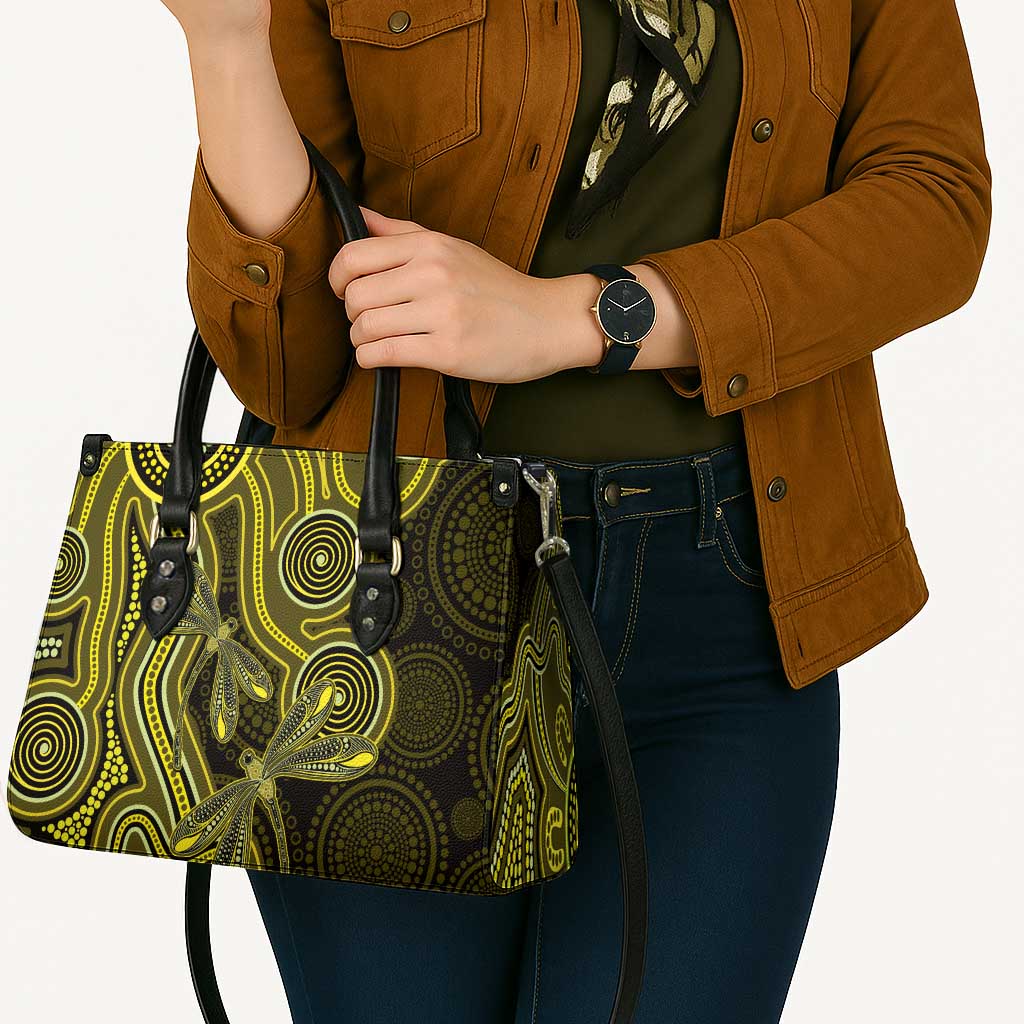 Yellow Indigenous Dragonfly Australia Leather Bag Aboriginal Art - Aussie Hoodie