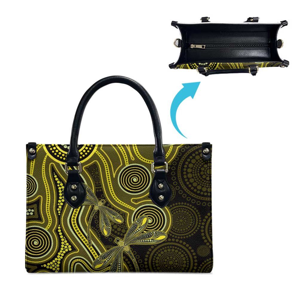 Yellow Indigenous Dragonfly Australia Leather Bag Aboriginal Art - Aussie Hoodie