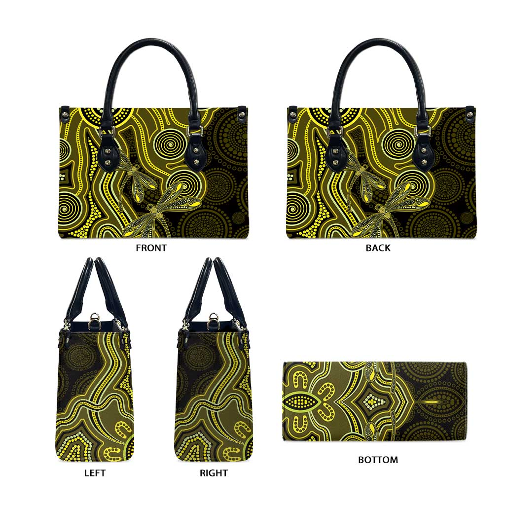 Yellow Indigenous Dragonfly Australia Leather Bag Aboriginal Art - Aussie Hoodie