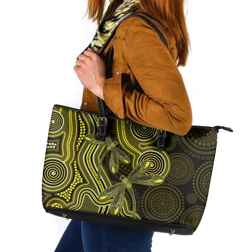 Yellow Indigenous Dragonfly Australia Leather Tote Bag Aboriginal Art - Aussie Hoodie