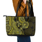Yellow Indigenous Dragonfly Australia Leather Tote Bag Aboriginal Art - Aussie Hoodie