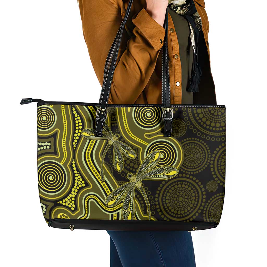 Yellow Indigenous Dragonfly Australia Leather Tote Bag Aboriginal Art - Aussie Hoodie