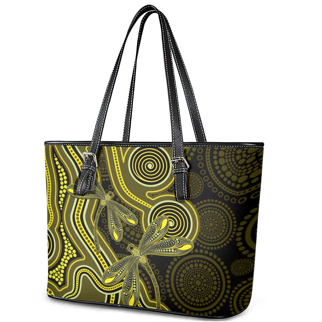 Yellow Indigenous Dragonfly Australia Leather Tote Bag Aboriginal Art - Aussie Hoodie