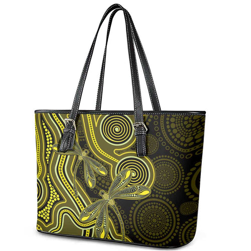 Yellow Indigenous Dragonfly Australia Leather Tote Bag Aboriginal Art - Aussie Hoodie