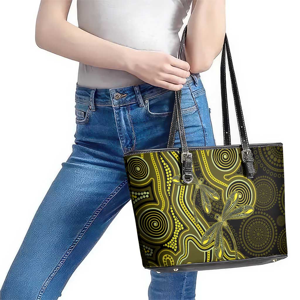 Yellow Indigenous Dragonfly Australia Leather Tote Bag Aboriginal Art - Aussie Hoodie