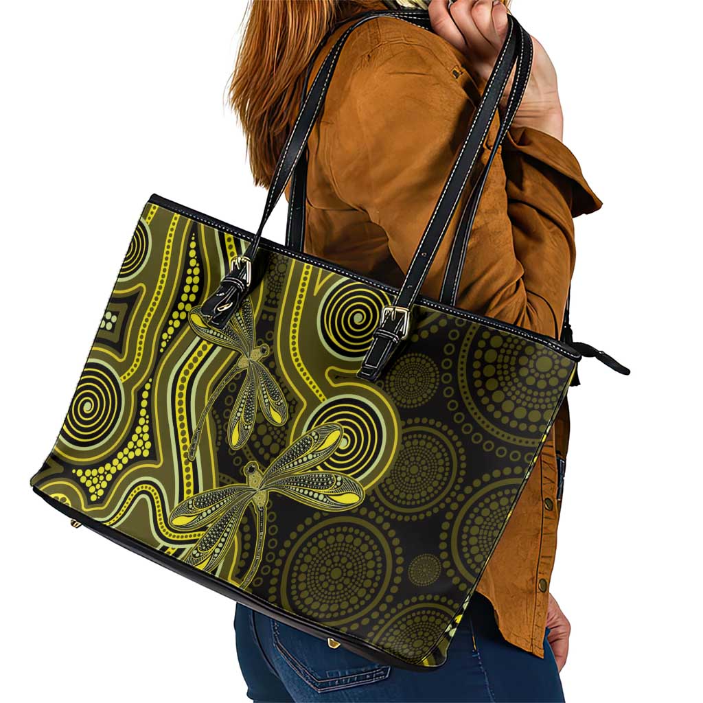 Yellow Indigenous Dragonfly Australia Leather Tote Bag Aboriginal Art - Aussie Hoodie