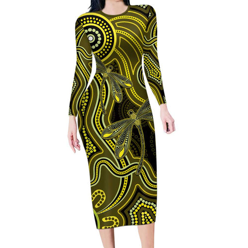 Yellow Indigenous Dragonfly Australia Long Sleeve Bodycon Dress Aboriginal Art - Aussie Hoodie