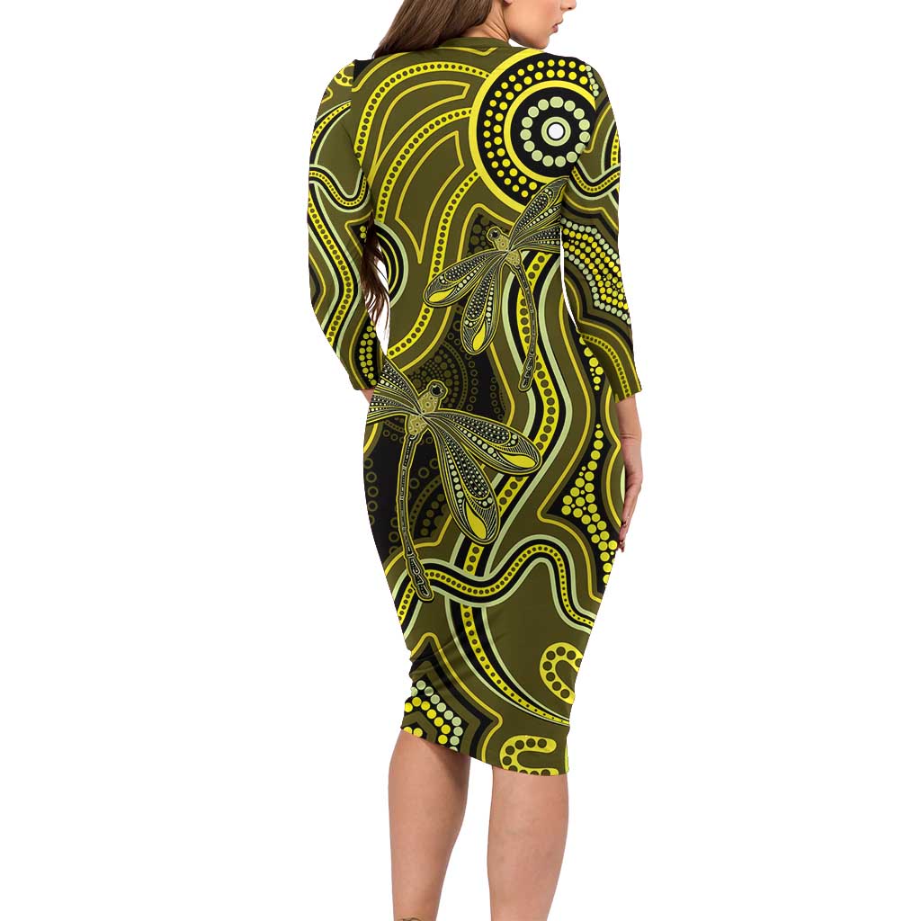 Yellow Indigenous Dragonfly Australia Long Sleeve Bodycon Dress Aboriginal Art - Aussie Hoodie