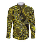 Yellow Indigenous Dragonfly Australia Long Sleeve Button Shirt Aboriginal Art - Aussie Hoodie