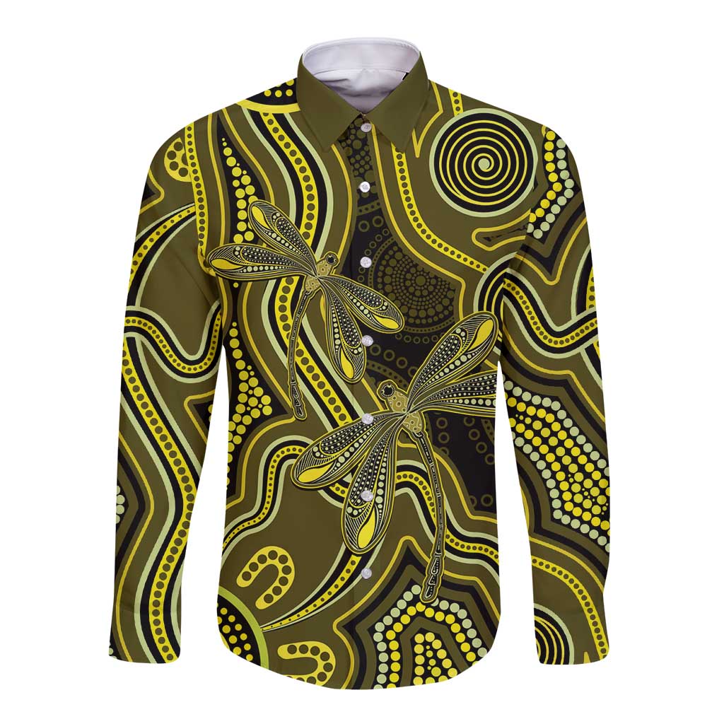 Yellow Indigenous Dragonfly Australia Long Sleeve Button Shirt Aboriginal Art - Aussie Hoodie