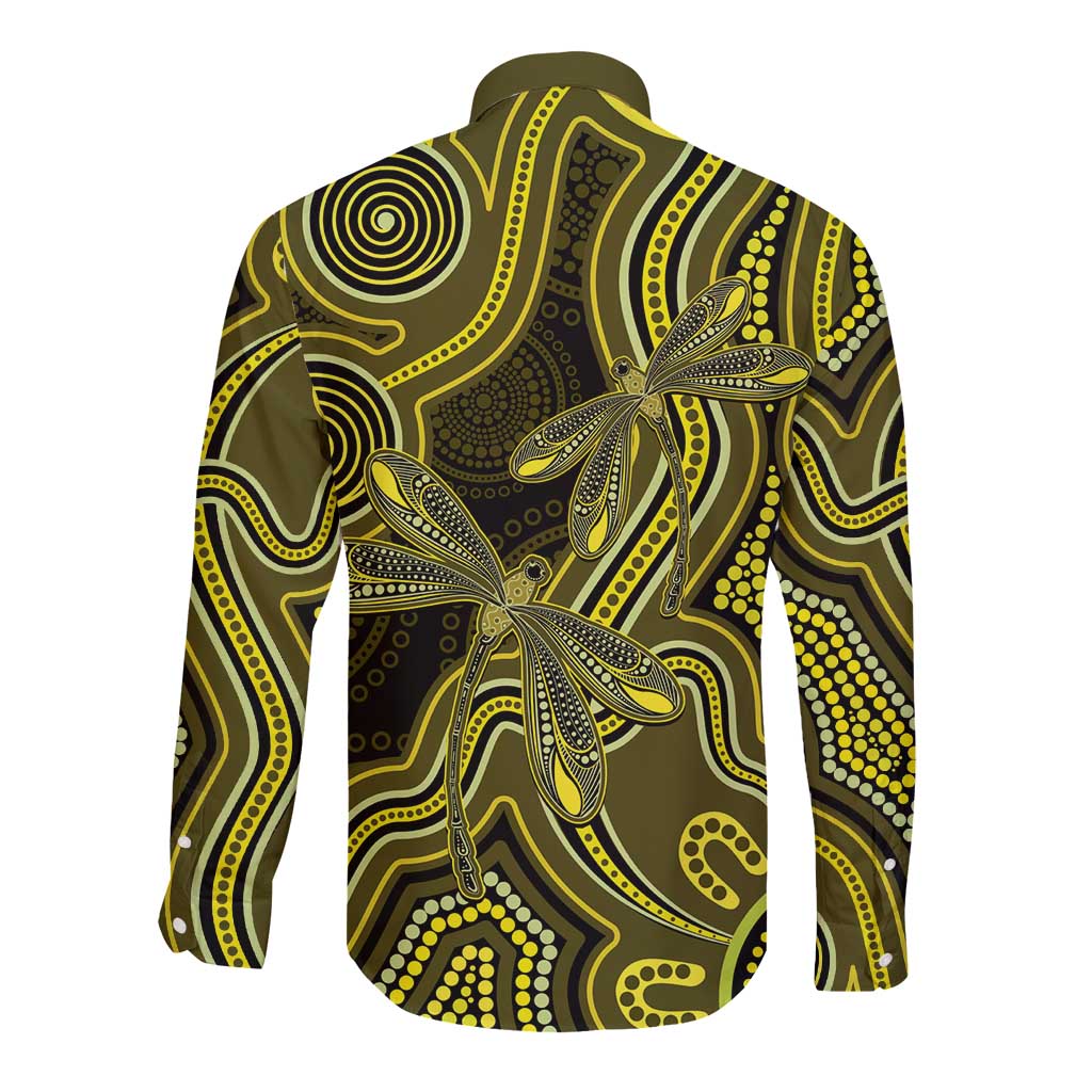 Yellow Indigenous Dragonfly Australia Long Sleeve Button Shirt Aboriginal Art - Aussie Hoodie