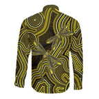 Yellow Indigenous Dragonfly Australia Long Sleeve Button Shirt Aboriginal Art - Aussie Hoodie