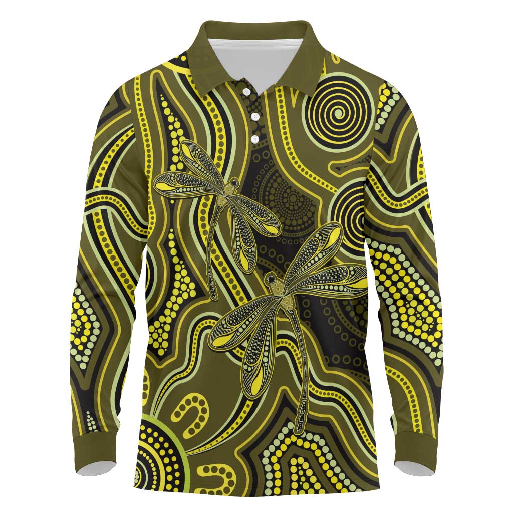 Yellow Indigenous Dragonfly Australia Long Sleeve Polo Shirt Aboriginal Art - Aussie Hoodie
