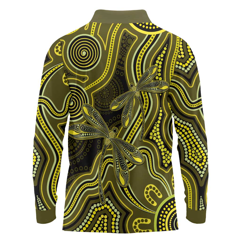 Yellow Indigenous Dragonfly Australia Long Sleeve Polo Shirt Aboriginal Art - Aussie Hoodie