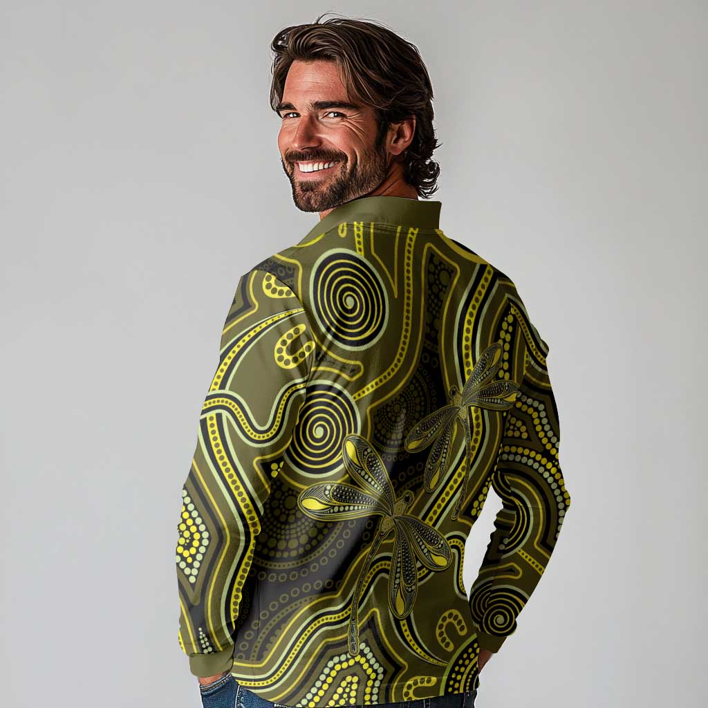 Yellow Indigenous Dragonfly Australia Long Sleeve Polo Shirt Aboriginal Art - Aussie Hoodie
