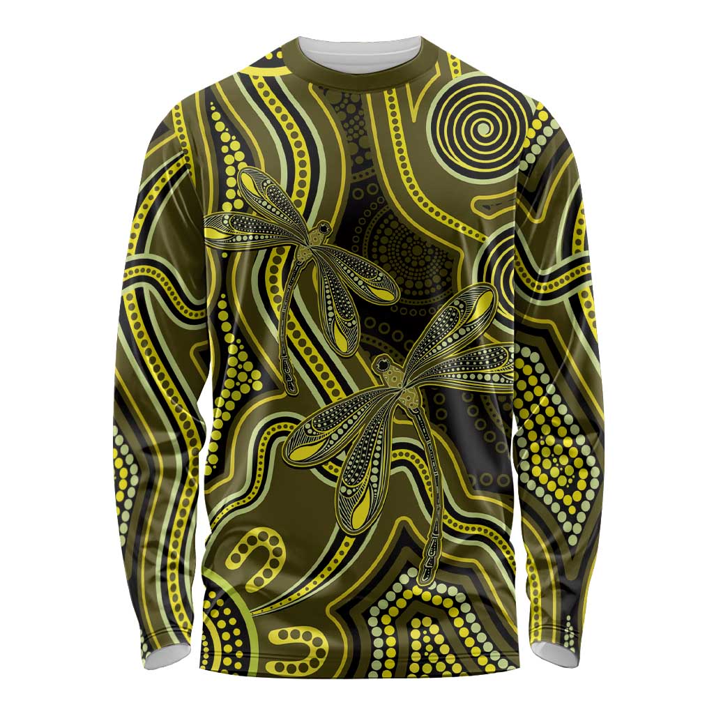 Yellow Indigenous Dragonfly Australia Long Sleeve Shirt Aboriginal Art - Aussie Hoodie