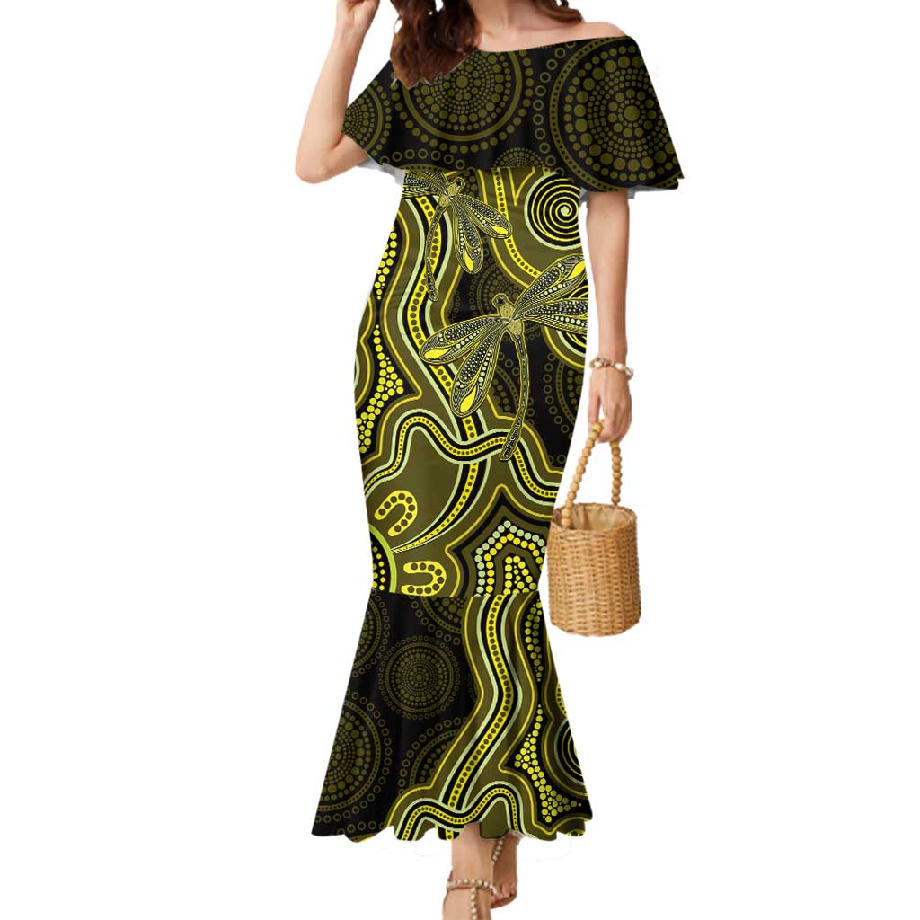 Yellow Indigenous Dragonfly Australia Mermaid Dress Aboriginal Art - Aussie Hoodie