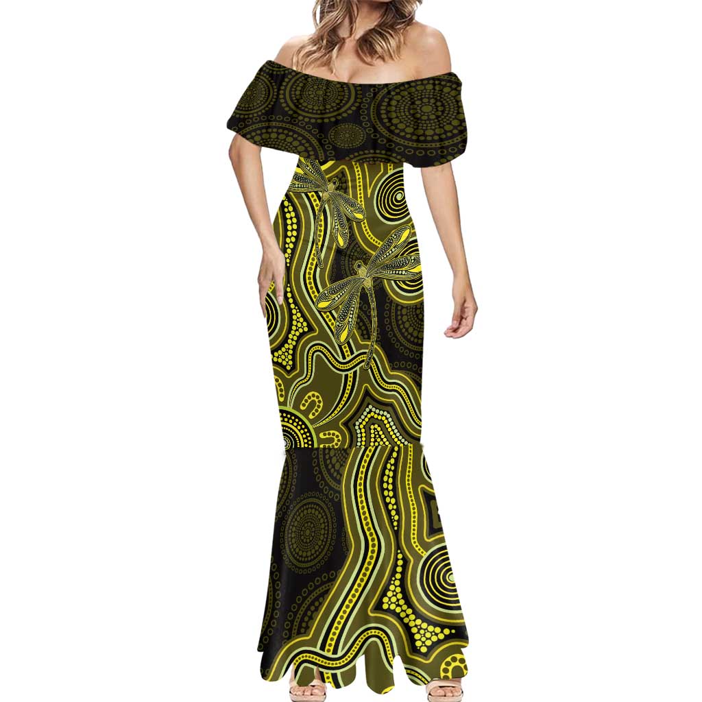 Yellow Indigenous Dragonfly Australia Mermaid Dress Aboriginal Art - Aussie Hoodie