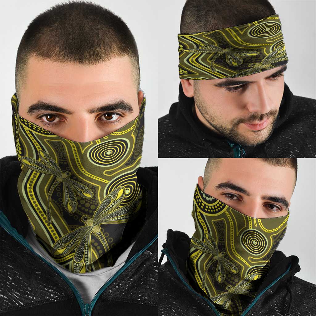Yellow Indigenous Dragonfly Australia Neck Gaiter Aboriginal Art - Aussie Hoodie