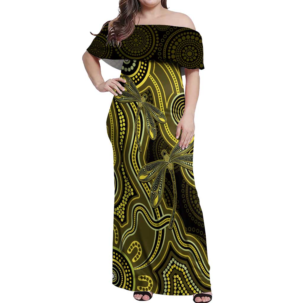 Yellow Indigenous Dragonfly Australia Off Shoulder Maxi Dress Aboriginal Art - Aussie Hoodie