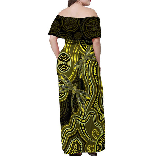 Yellow Indigenous Dragonfly Australia Off Shoulder Maxi Dress Aboriginal Art - Aussie Hoodie
