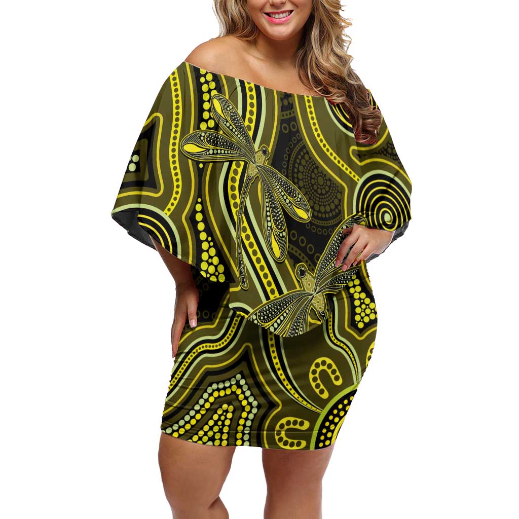 Yellow Indigenous Dragonfly Australia Off Shoulder Short Dress Aboriginal Art - Aussie Hoodie