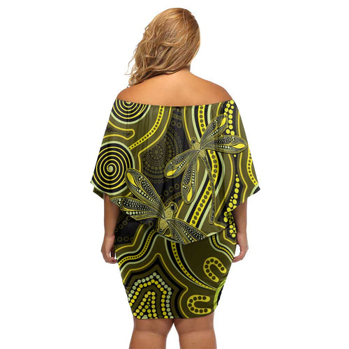 Yellow Indigenous Dragonfly Australia Off Shoulder Short Dress Aboriginal Art - Aussie Hoodie