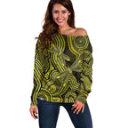 Yellow Indigenous Dragonfly Australia Off Shoulder Sweater Aboriginal Art - Aussie Hoodie