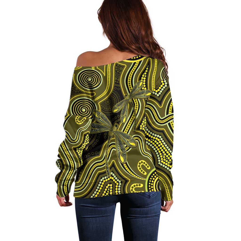 Yellow Indigenous Dragonfly Australia Off Shoulder Sweater Aboriginal Art - Aussie Hoodie